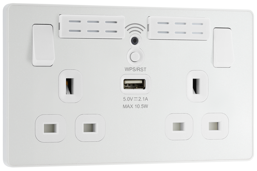 PCDCL22UWRW Front - This Evolve pearlescent white 13A double power socket with integrated Wi-Fi Extender from British General will eliminate dead spots and expand your Wi-Fi coverage.