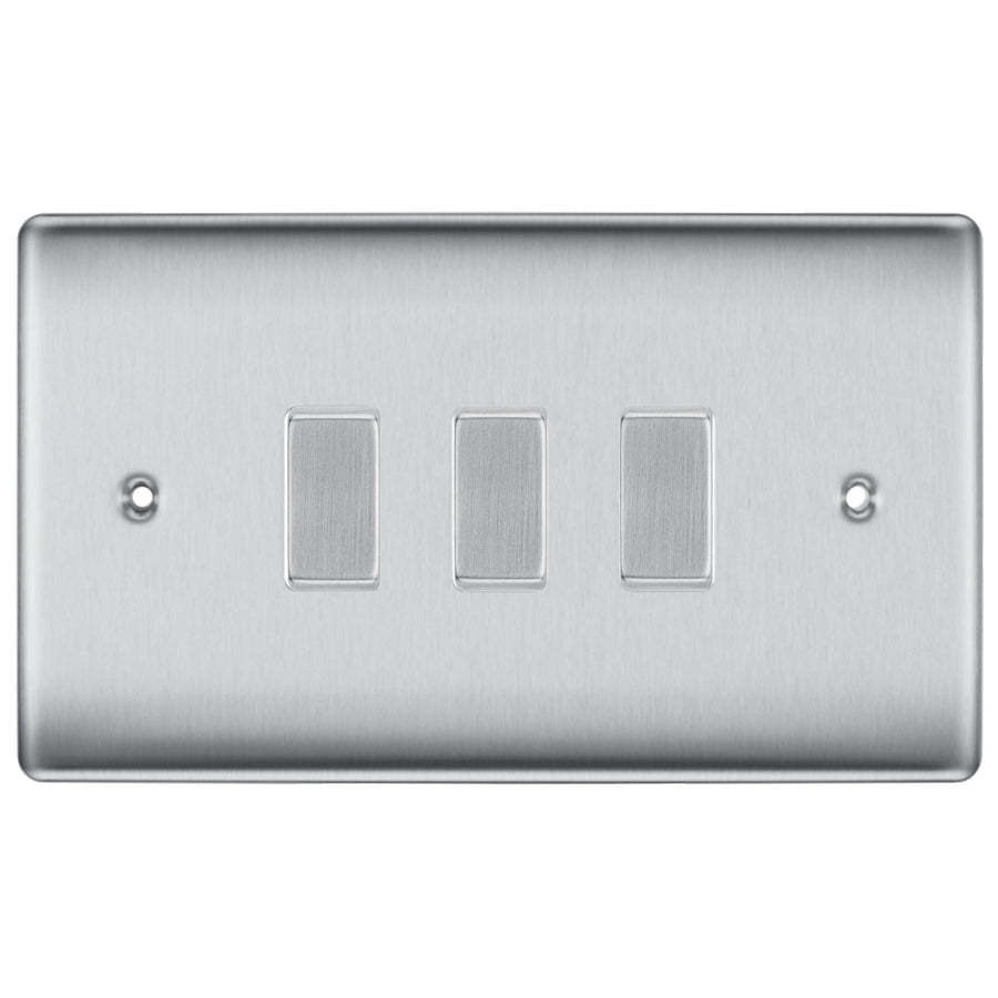 BG Brushed Steel 3 Gang light Switch in Double Format Custom Grid Satin Chrome