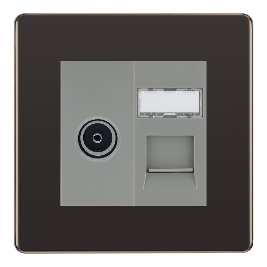 BG Screwless Black Nickel TV Aerial & RJ45 CAT6 Data Socket - Grey Insert