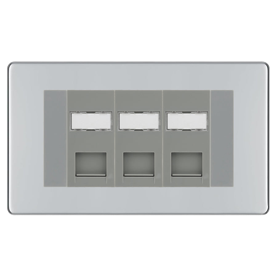 BG Screwless Polished Chrome 3 Gang RJ45 CAT6 Data Socket Grey Inserts