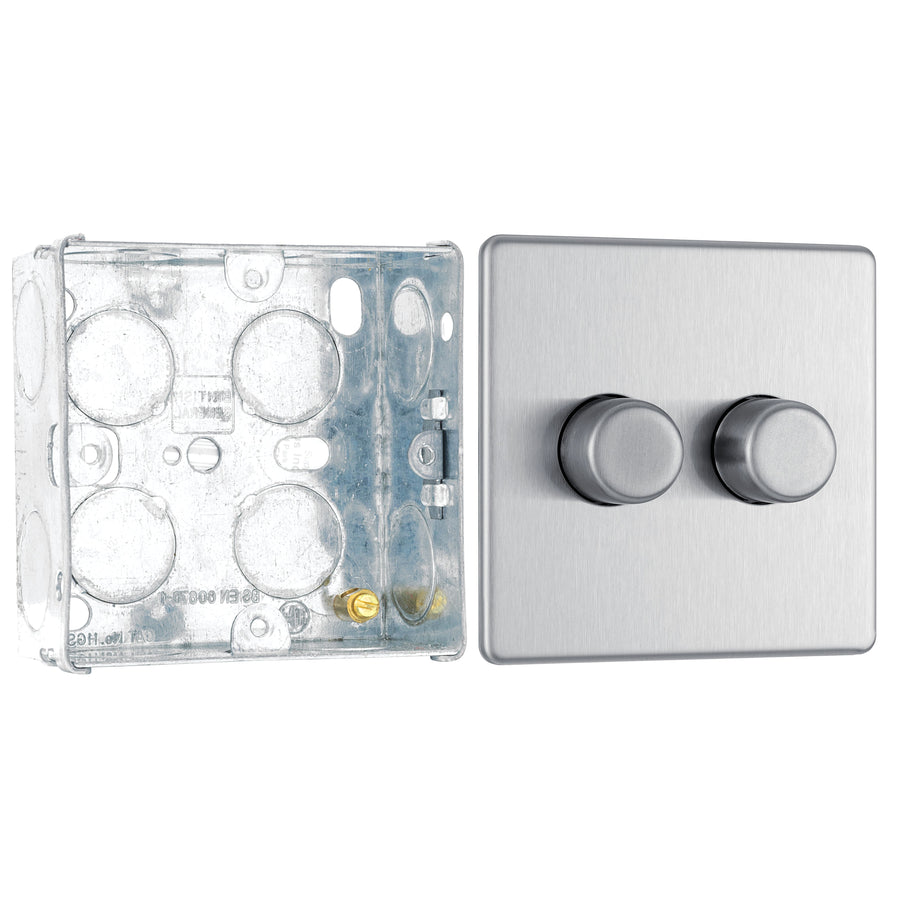 BG Screwless Brushed Steel 200W 2 Way Double Trailing Edge Dimmer Switch FBS82 with 35mm Steel Back Box