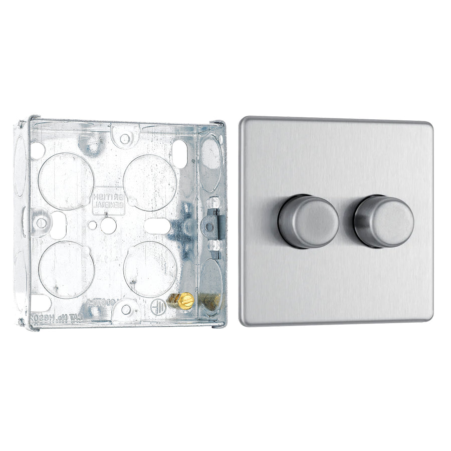 BG Screwless Brushed Steel 200W 2 Way Double Trailing Edge Dimmer Switch FBS82 with 25mm Steel Back Box