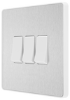 PCDBS43W Side - This Evolve Brushed Steel 20A 16AX triple light switch from British General can operate 3 different lights, whilst the 2 way switching allows a second switch to be added to the circuit to operate the same light from another location (e.g. at the top and bottom of the stairs).