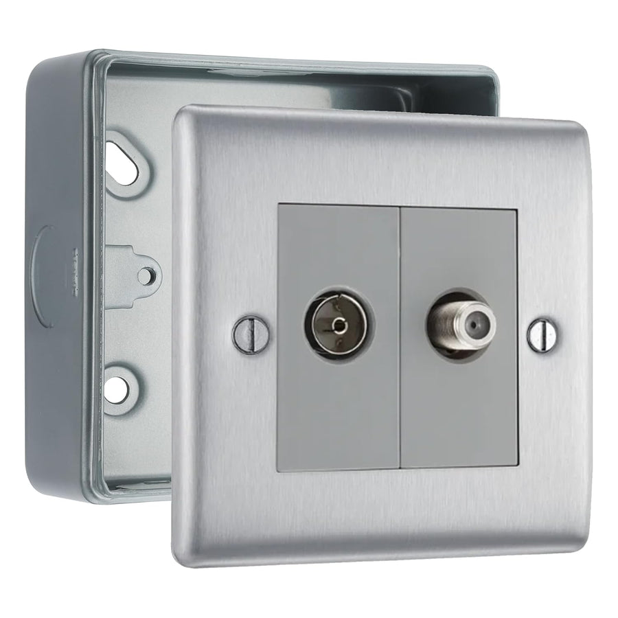 BG Nexus Brushed Steel 2 Gang 1x Co-Axial 1x Satellite Socket & Surface Pattress Back Box