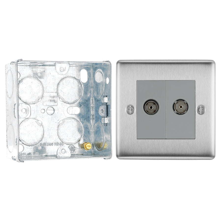 BG Nexus Brushed Steel Double Isolated Co-Axial Socket NBS63 with 35mm Steel Back Box
