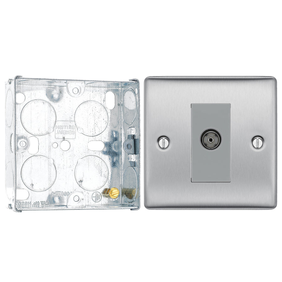 BG Nexus Brushed Steel Single Isolated Co-Axial Socket NBS62 with 25mm Steel Back Box