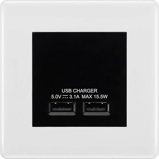 BG Nexus White Moulded Dual USB Charger 3.1A Output Socket - Black Insert