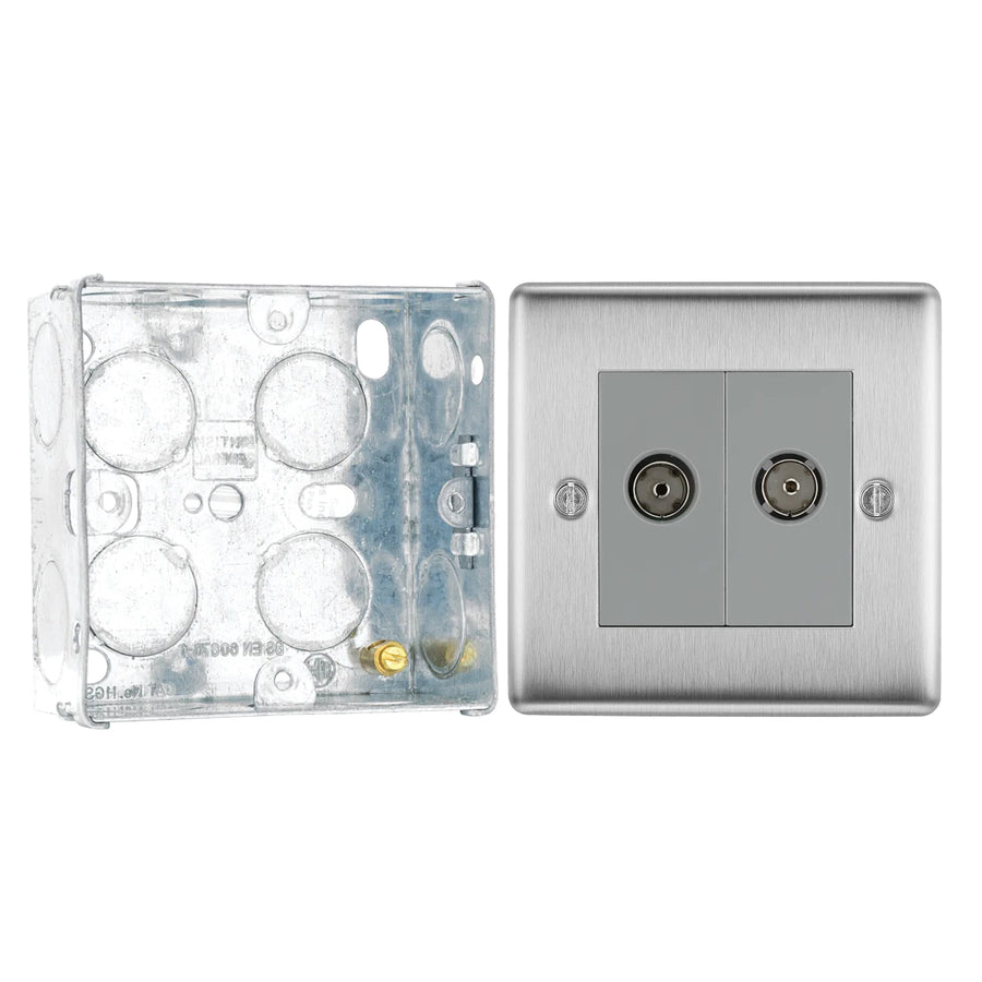 BG Nexus Brushed Steel Double Co-Axial Socket NBS61 with 35mm Steel Back Box