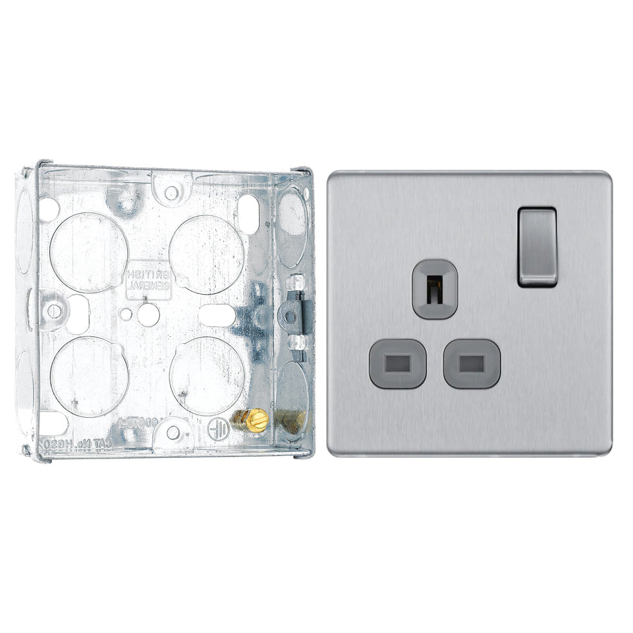 BG Screwless Brushed Steel 13A Single Socket FBS21G with 25mm Steel Back Box