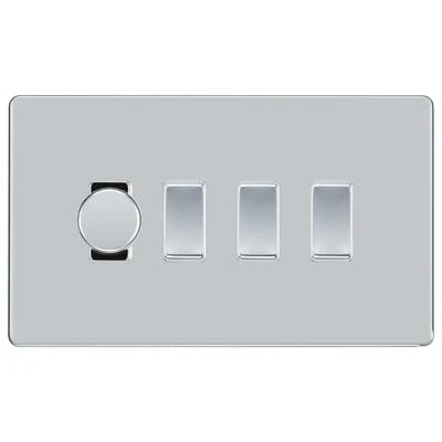 BG Screwless Polished Chrome 4 Gang Switch 1x Trailing Edge LED Dimmer 3x Intermediate Custom Grid Switch