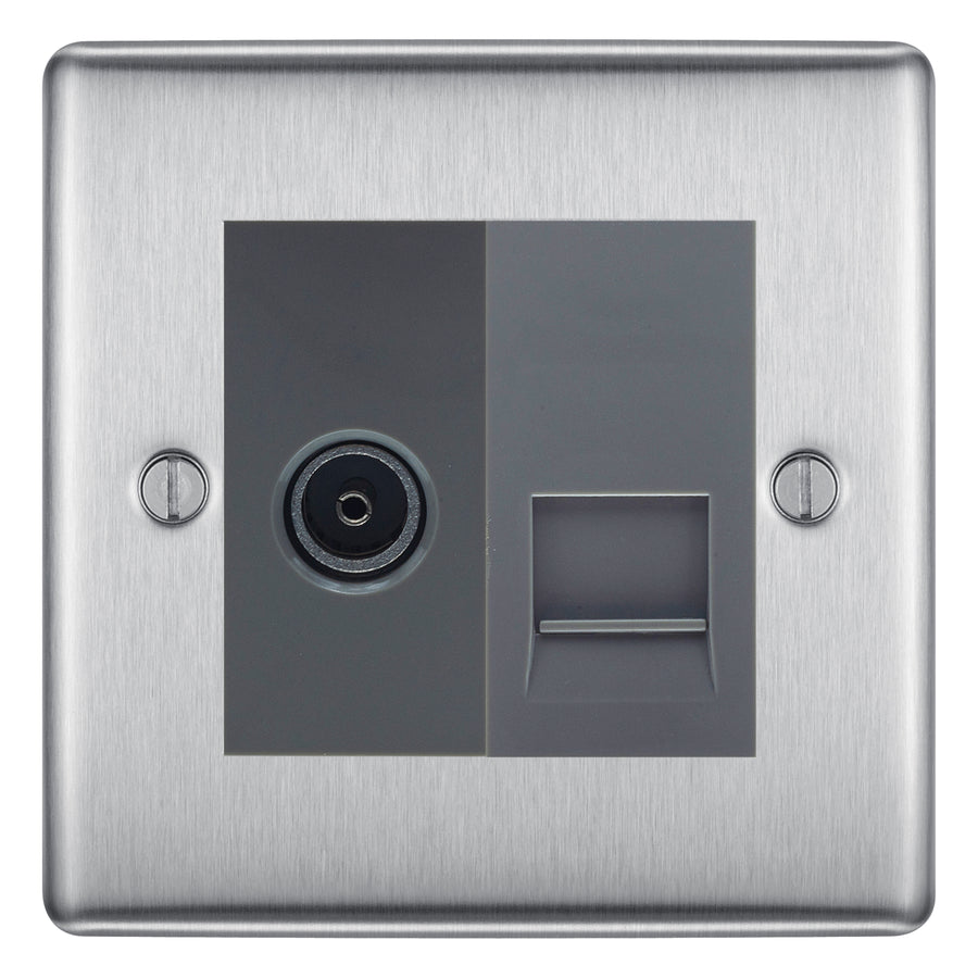 BG Nexus Brushed Steel TV Aerial & BT Telephone Outlet Plate — Screened + IDC - Grey