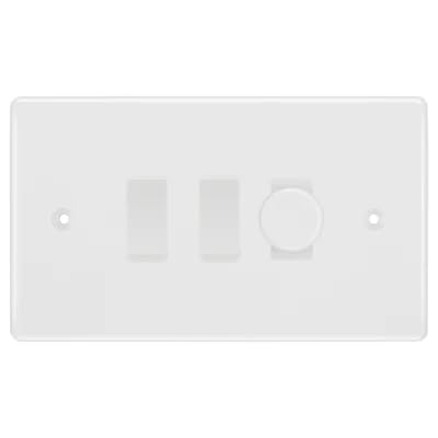 BG Nexus White Moulded 3 Gang Light Switch Grid – 1x Trailing-Edge LED Dimmer, 1x Intermediate, 1x 2-Way Switch