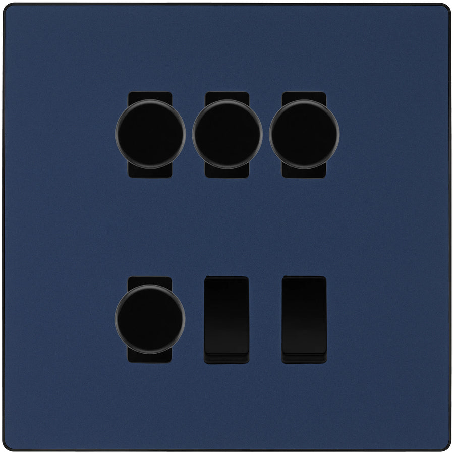 BG Evolve Matt Blue 6 Gang Switch 4x Trailing Edge LED Dimmer 2x Intermediate Custom Grid