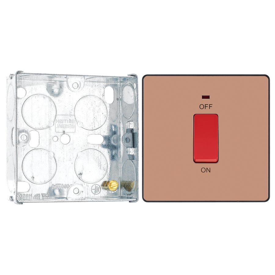 BG Evolve Polished Copper 45A 2 Pole Neon Cooker Switch PCDCP74B with 25mm Steel Back Box