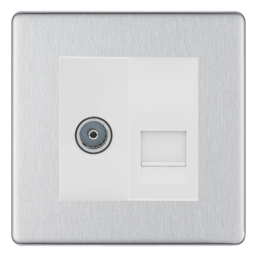 BG Screwless Brushed Steel TV Aerial & BT Telephone Outlet Plate — White Insert