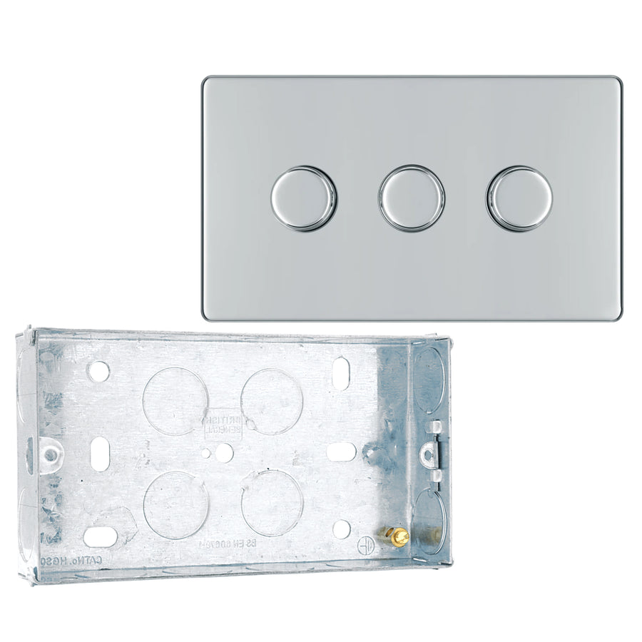 BG Screwless Polished Chrome 200W 2 Way Triple Trailing Edge Dimmer Switch FPC83 with 25mm Steel Back Box