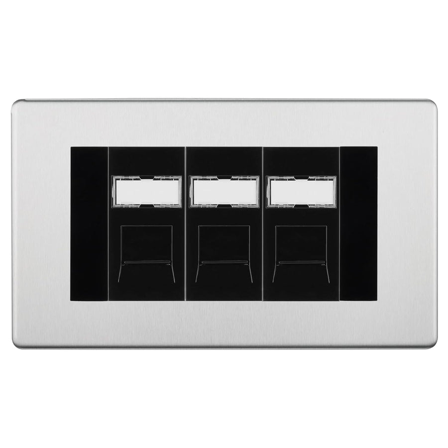 BG Screwless Brushed Steel 3 Gang RJ45 Cat6 Data Socket Outlet Black Inserts