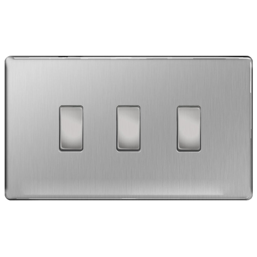 BG Brushed Steel Screwless Flat Plate 3 Gang Light Switch in Double Format Custom Switch