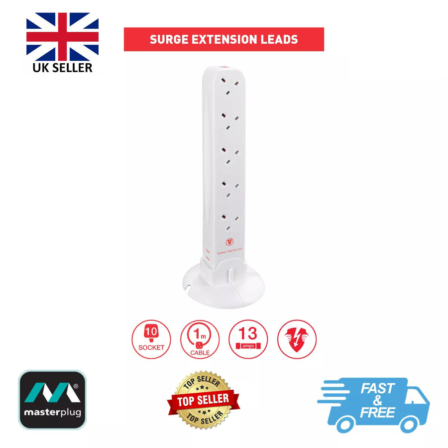 Masterplug SRGTOW10110 Tower Surge Protected 1m 13A 10gang Extension Lead - White