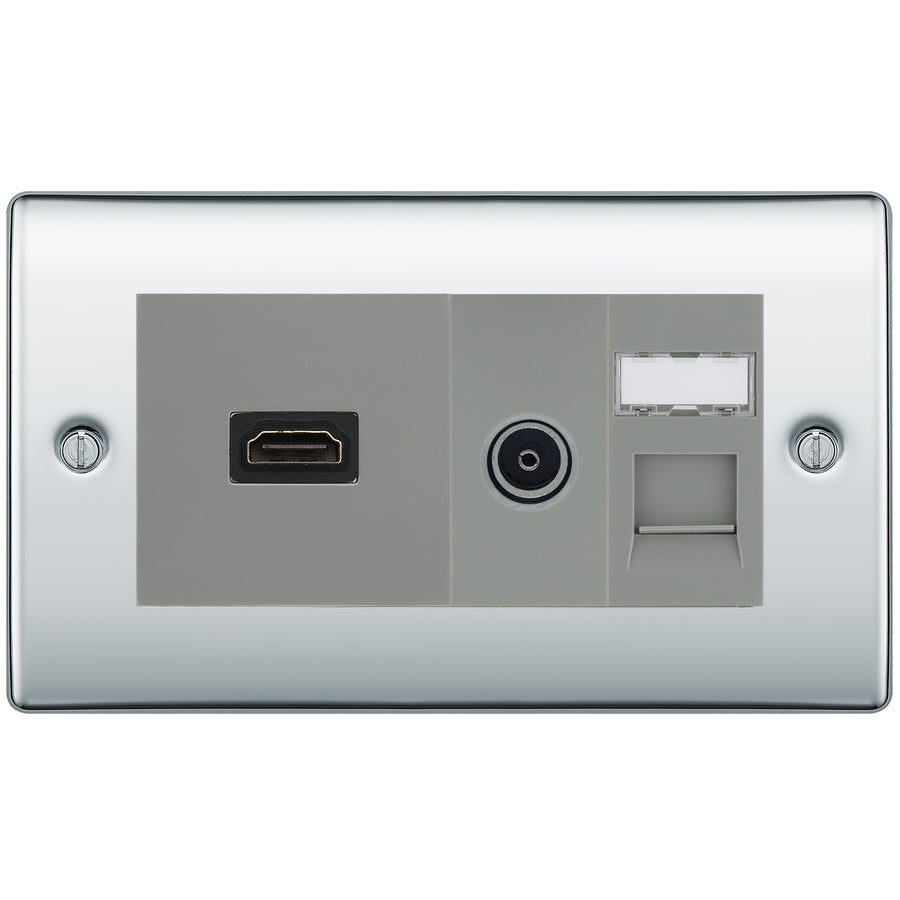 BG Nexus Polished Chrome Media Wall Plate TV Aerial, HDMI & CAT6 Outlet - Grey Insert