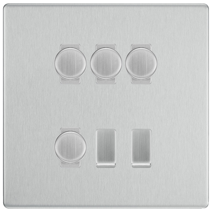 BG Screwless Brushed Steel 6 Gang Switch 4x Trailing Edge LED Dimmer 2x Intermediate Custom Grid