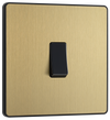 PCDSB12B Front - This Evolve Satin Brass 20A 16AX single light switch from British General will operate one light in a room. The 2 way switching allows a second switch to be added to the circuit to operate the same light from another location (e.g. at the top and bottom of the stairs).