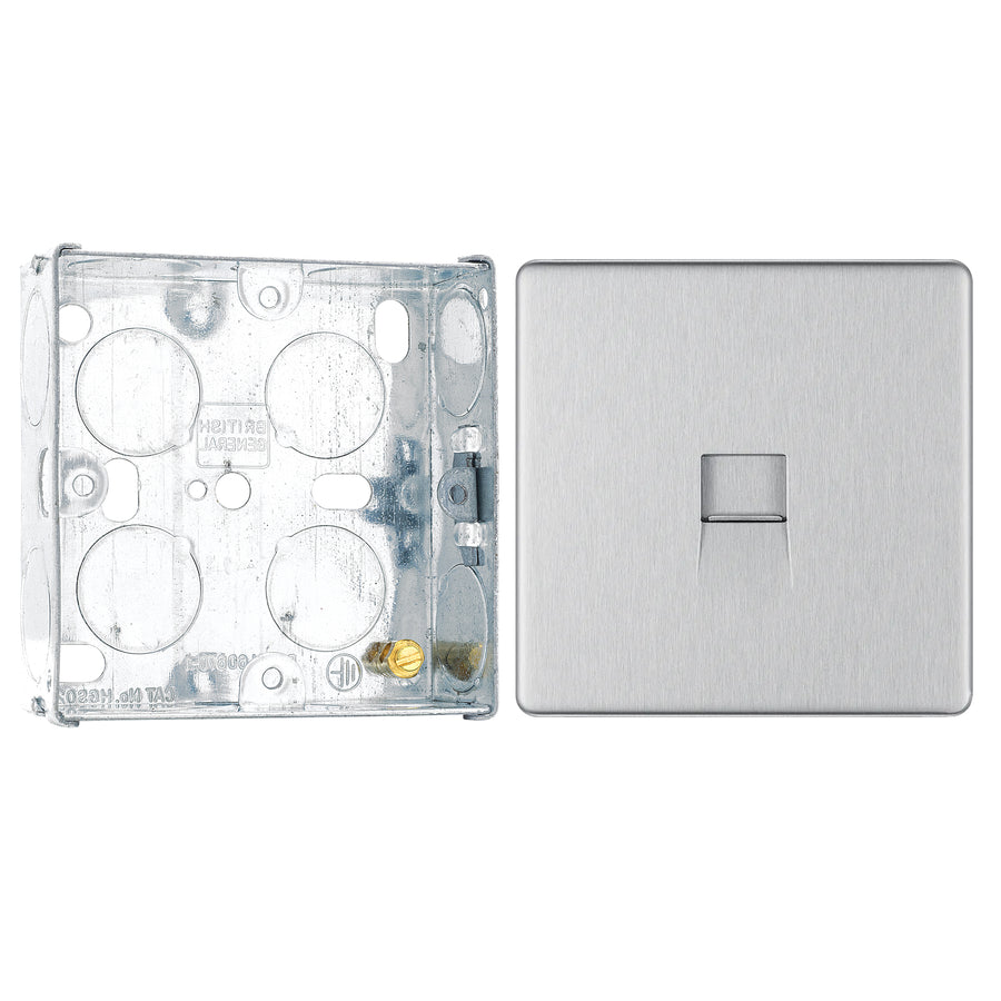 BG Screwless Brushed Steel 1 Gang RJ11 Single Data Outlet FBSRJ111 with 25mm Steel Back Box