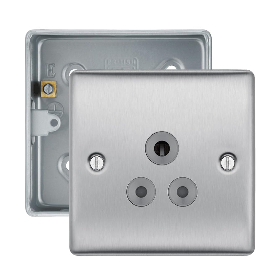 BG Nexus Brushed Steel 5A Unswitched Round Pin Socket with Surface Pattress Back Box