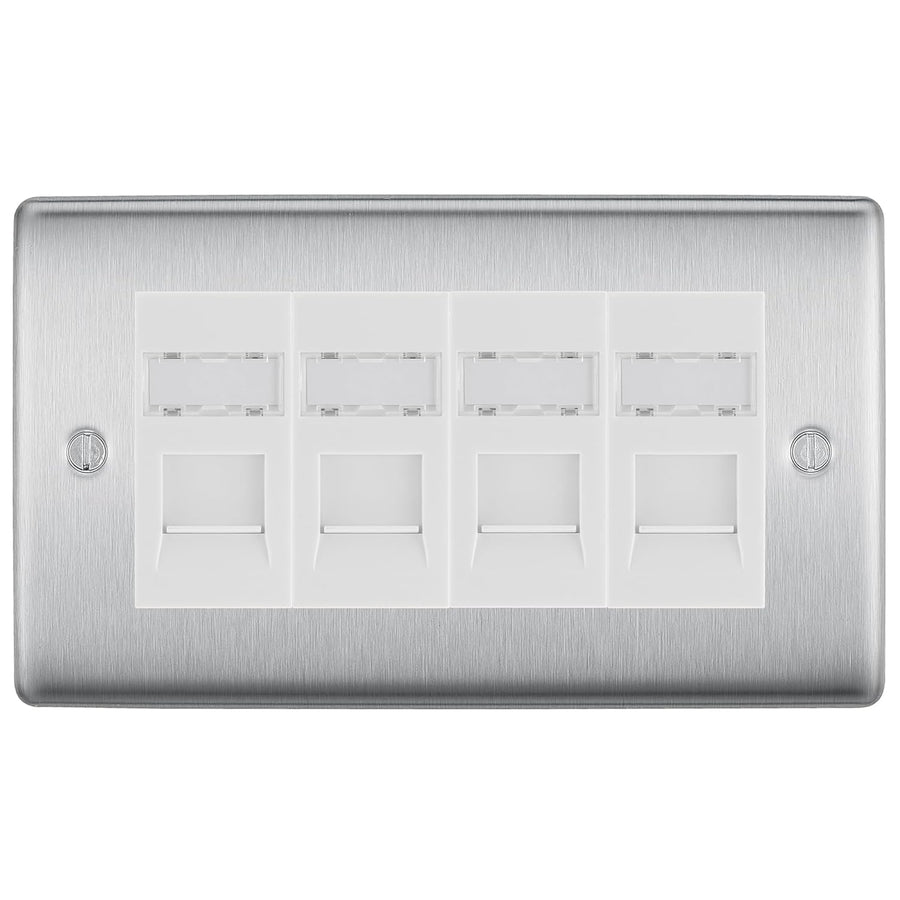BG Nexus Brushed Steel 4 Gang RJ45 Cat6 Data Socket Outlet White Inserts