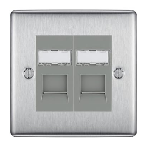 BG Nexus Metal Brushed Steel 2 Gang RJ45 Data Socket NBSRJ452G Grey Inserts