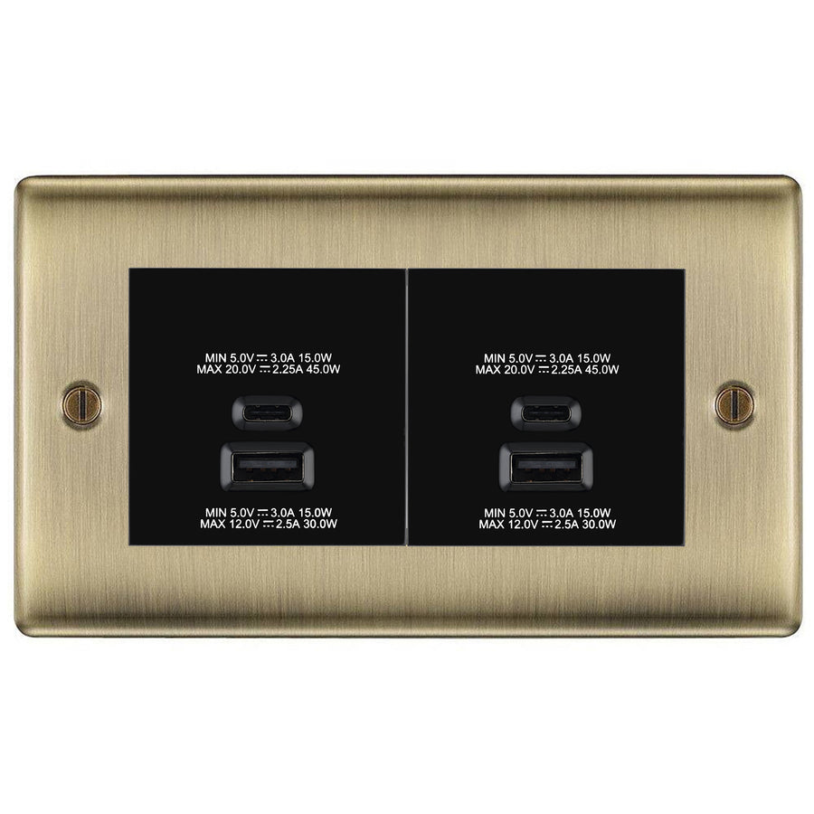BG Antique Brass 4G Faceplate with 45W USB A+C Charger Modules – Black Insert