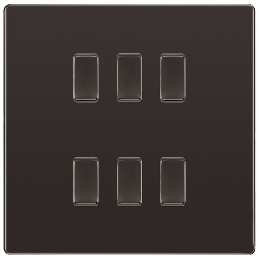 BG Black Nickel Screwless 6 Gang 2 Way Custom Grid Light Switch with Back Box Included