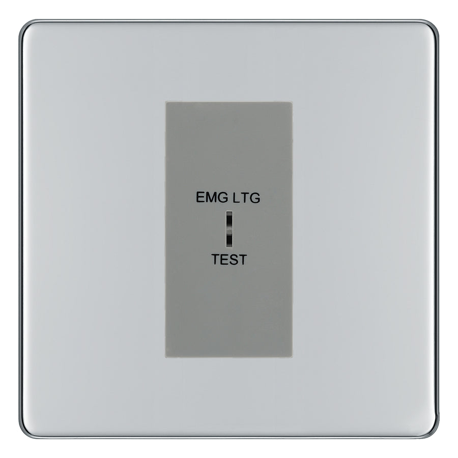 BG Flatplate Screwless Polished Chrome 20AX 2 Way Emergency Lighting Test Key Switch - Key Included - Grey Insert