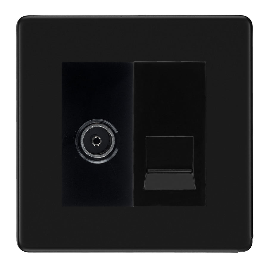 BG Screwless Matt Black TV Aerial & BT Telephone Outlet Plate — Black Insert