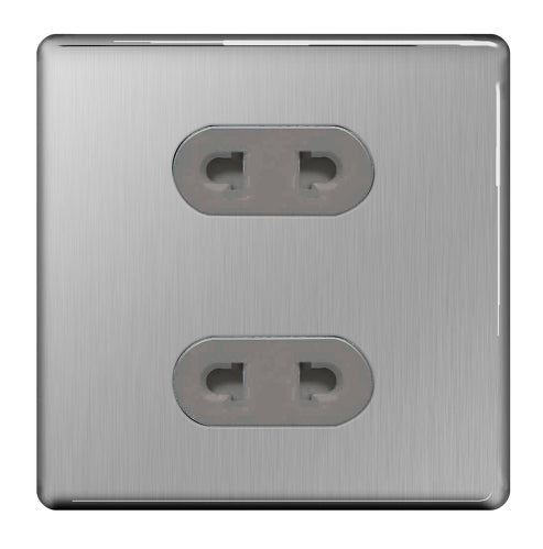 BG FBS98G Flatplate Screwless 16A, 2 Gang Unswitched Euro Socket, Brushed Steel