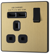 PCDSB21U2B Front - This Evolve Satin Brass 13A single power socket from British General comes with two USB charging ports, allowing you to plug in an electrical device and charge mobile devices simultaneously without having to sacrifice a power socket.