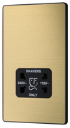 PCDSB20B Front - This Evolve Satin Brass dual voltage shaver socket from British General is suitable for use with 240V and 115V shavers and electric toothbrushes.