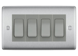 BG Electrical Nexus Brushed Steel 4-Gang Light Switch 2x 2-Way + 2x Intermediate – Grey Inserts