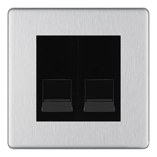 BG Screwless Brushed Steel Double IDC Secondary Telephone Socket - Black Insert