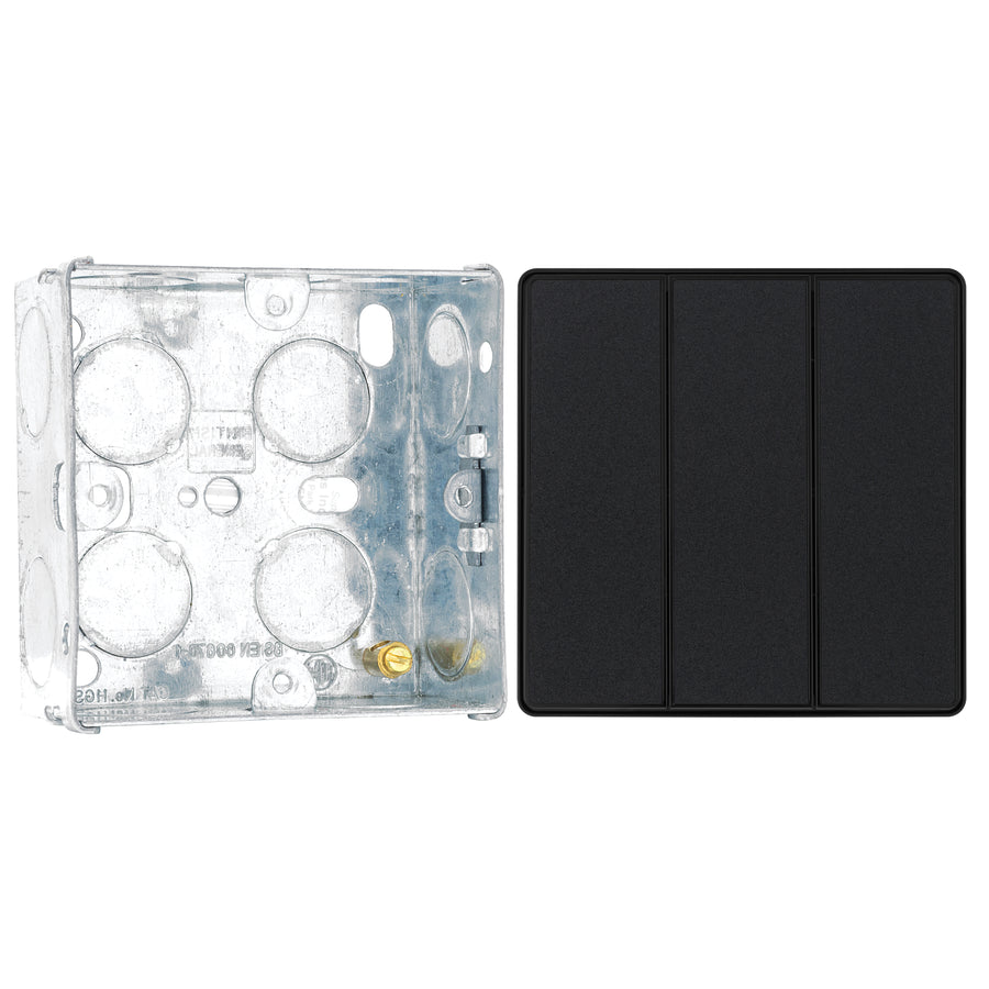 BG Evolve Matt Black 2 Way Triple Edge to Edge Rocker Switch PCDMB43EB with 35mm Steel Back Box