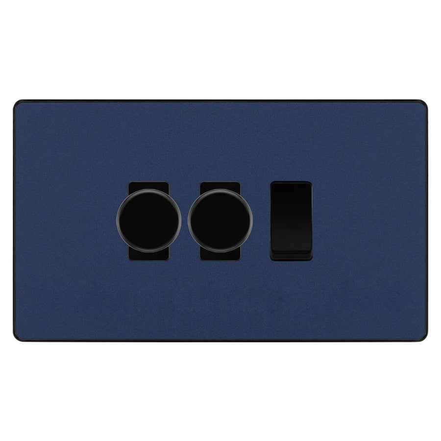 BG Evolve Matt Blue 3 Gang Light Switch 2x Trailing Edge LED Dimmer 1x 2 Way Custom Switch