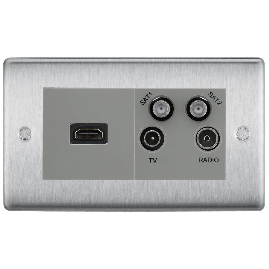 BG Nexus Brushed Steel 4G Faceplate with HDMI + TV/FM/SAT Module - Grey Insert