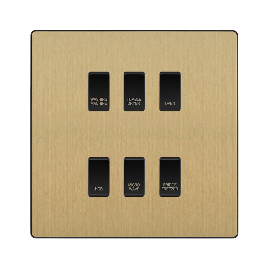 BG Evolve Satin Brass Custom Appliance Grid Switch 6 Gang Screwless