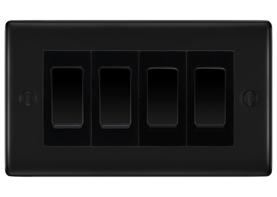 BG Nexus Matt Black 4-Gang Light Switch 1x 2-Way + 3x Intermediate – Black Inserts