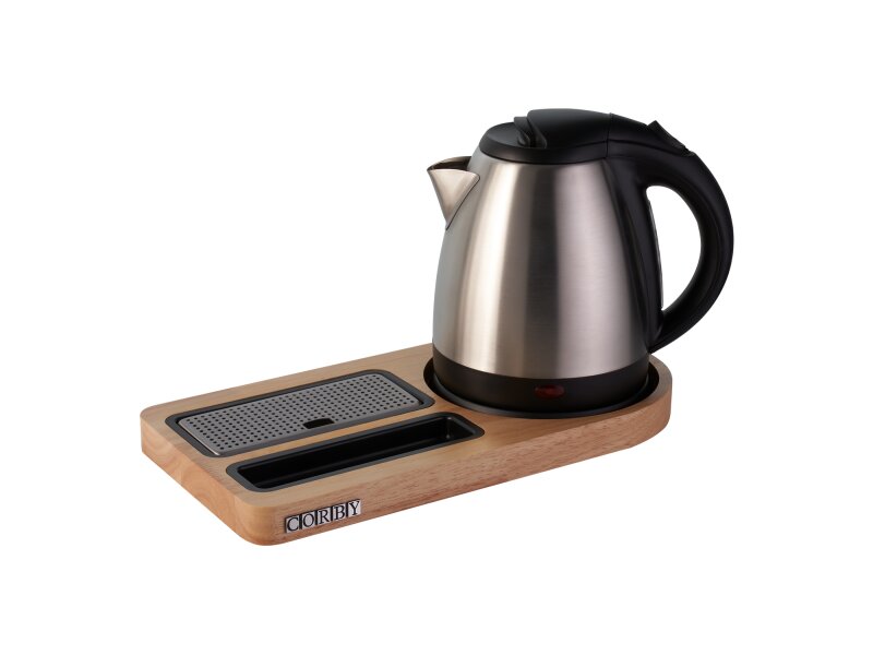 Corby Buckingham Compact Welcome Tray in Light Wood with 1L Kettle in Polished Steel - UK Plug