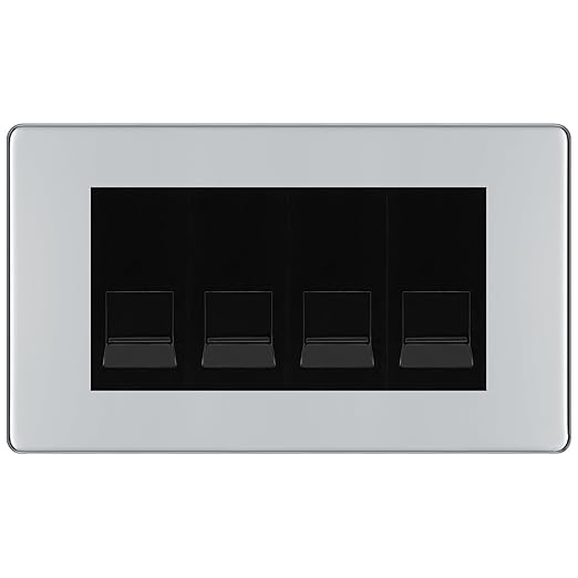 BG Screwless Polished Chrome 4 Gang IDC Secondary Telephone Socket - Black Insert