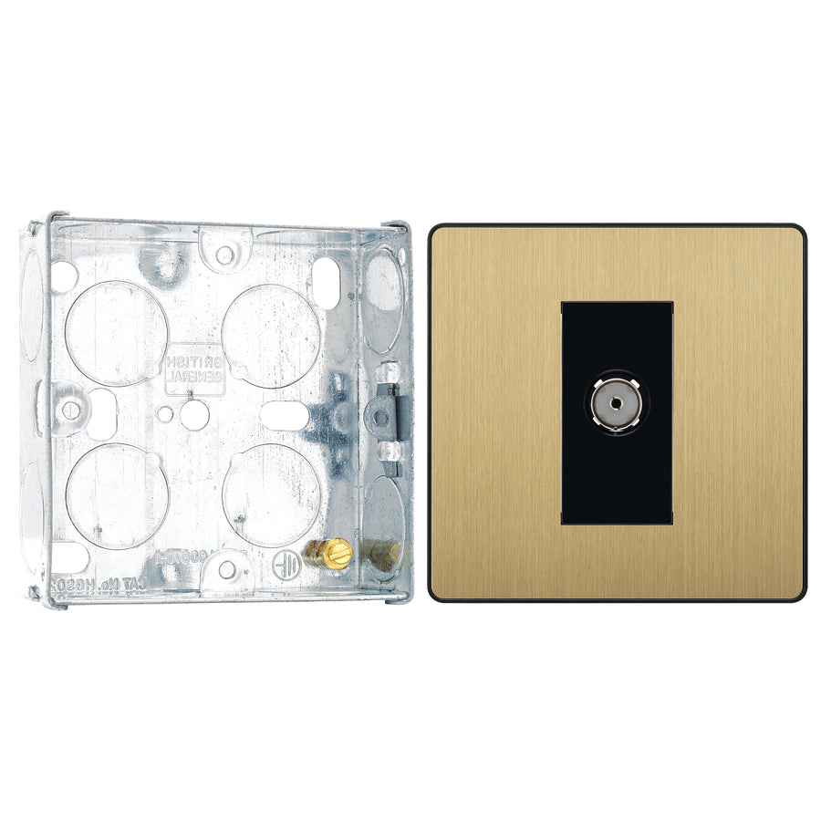 BG Evolve Satin Brass Co-Axial Socket Outlet PCDSB60B with 25mm Steel Back Box