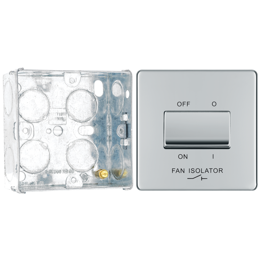 BG Screwless Polished Chrome 1 Gang 10A 3 Pole Fan Isolator Switch FPC15 with 35mm Steel Back Box