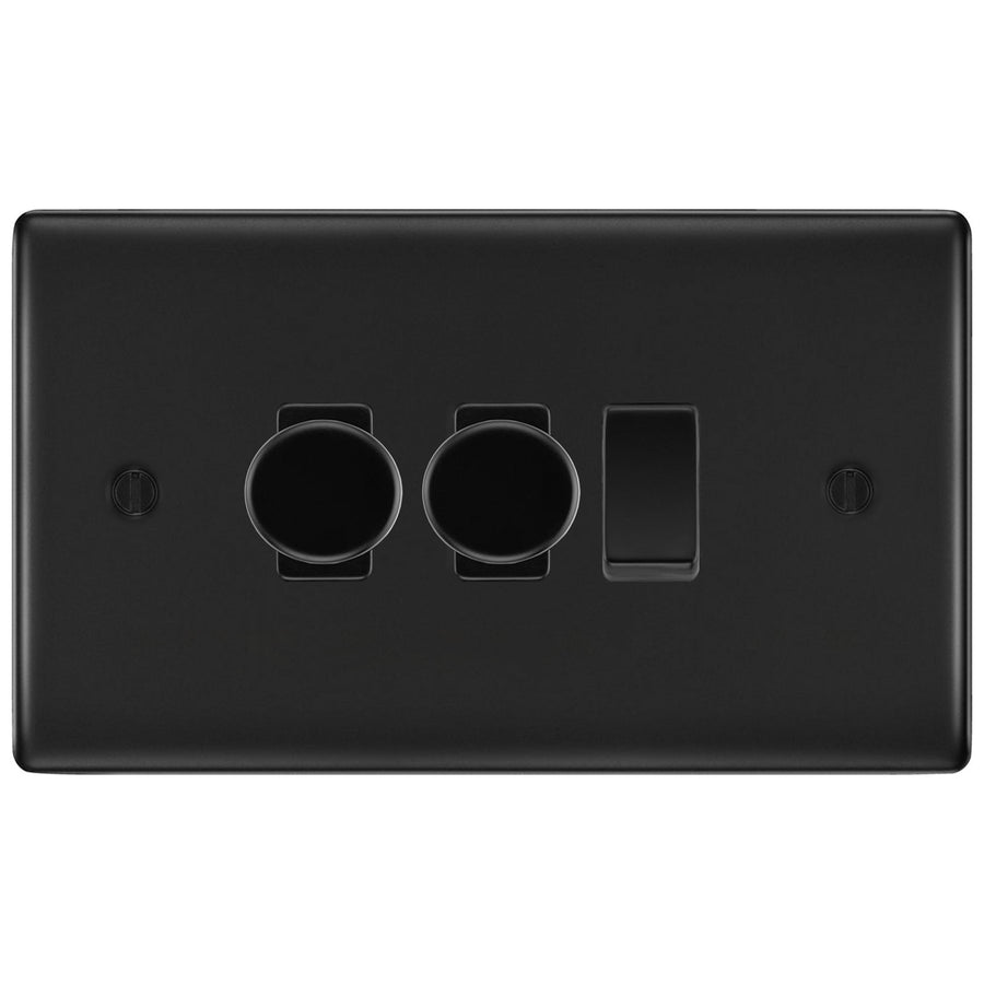 BG Nexus Matt Black 3 Gang Switch 2x Trailing Edge LED Dimmer 1x Intermediate Custom Grid Switch