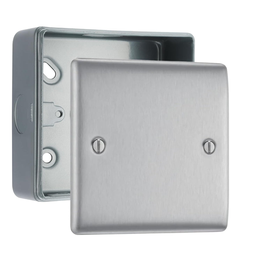 BG Nexus Brushed Steel Single Blanking Plate with Surface Pattress Back Box